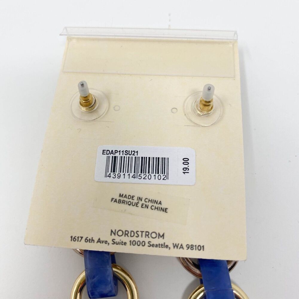 Open Edit Blue Marbled Link Drop Earrings Goldtone Post Back Recycled Materials - Picture 4 of 4